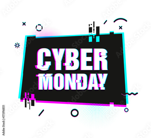 Template design geometric web banner for cyber monday offer. Promotion design in glitch style with geometric particle for cyber sale.