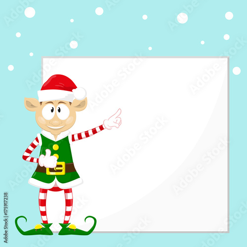 Cute and funny character Merry Christmas elf in santa claus hat. Happy New Year symbol.  Design element for congratulation card, banner, leaflet, poster. Cartoon style. Vector illustration.
