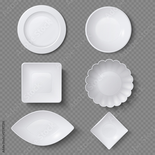 Different shapes of realistic food plates, dishes and bowls vector set
