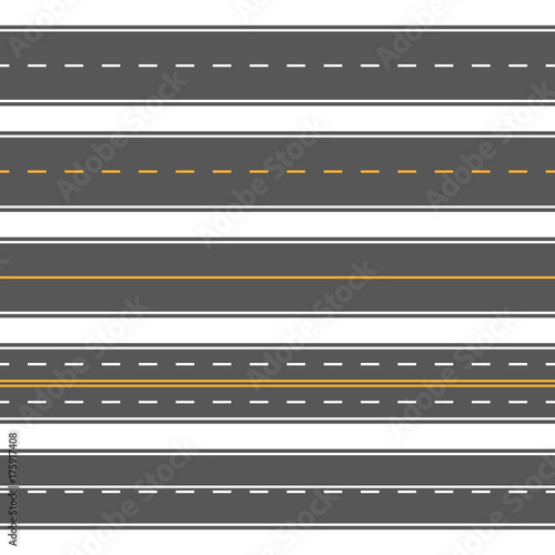 Horizontal straight seamless roads. Modern asphalt repetitive highways