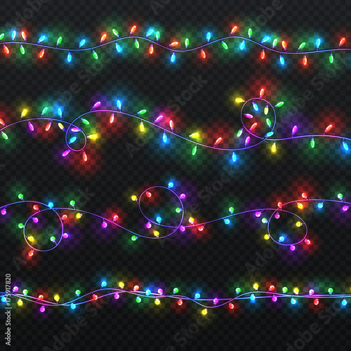 Christmas light garlands. Xmas vector decoration with colorful lightbulbs isolated