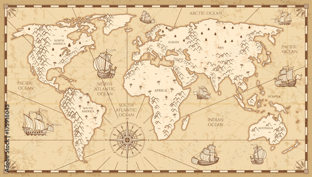 Vintage physical world map with rivers and mountains vector illustration