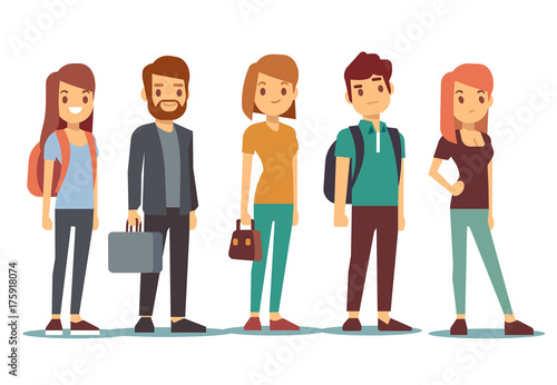 Queue of young people. Waiting women and men standing in line. Vector illustration