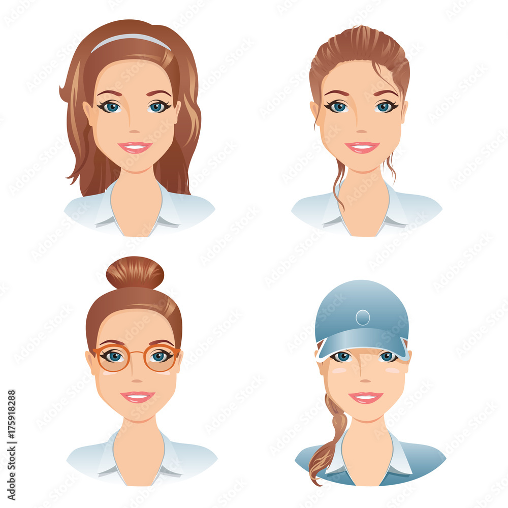 Different female hairstyles. For the girl, young adult, woman with brown hair, / flat design, vector cartoon illustration Different female hairstyles. For the girl, young adult, woman with brown hair, / flat design, vector cartoon illustration