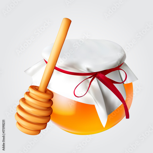 Realistic honey jar with honey dipper. Vector icon.