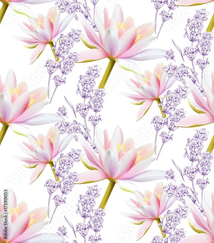 Water lily and lavender flowers pattern background Vector