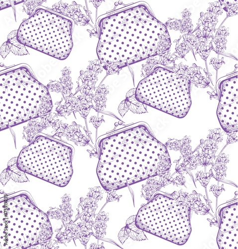 Vintage handbags and lavender flowers pattern. Line art hand drawn backgrounds