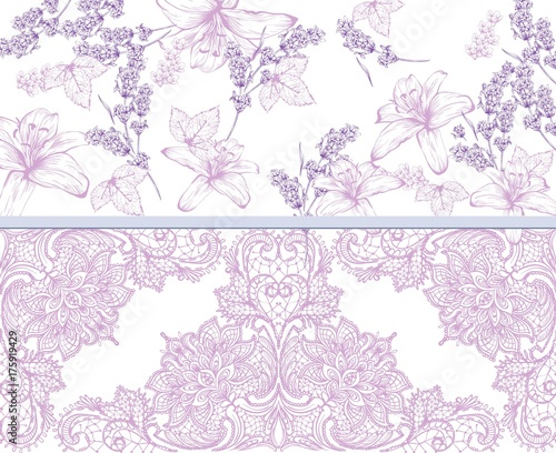 Fototapeta Naklejka Na Ścianę i Meble -  Lilies and lavender lace card. Vector