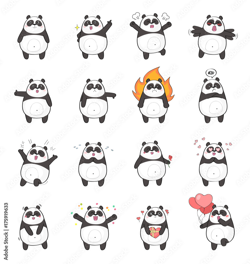 Obraz premium Set of cute panda character with different emotions, isolated on white background