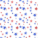 Seamless watercolor painted pattern stars red and blue