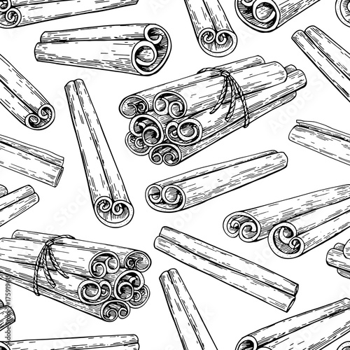Cinnamon stick and tied bunch seamless pattern. Vector drawing. 