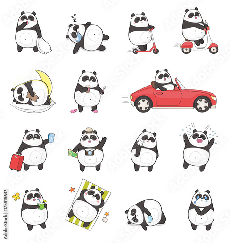 Set of cute panda character with different emotions, isolated on white background