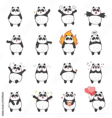 Set of cute panda character with different emotions, isolated on white background