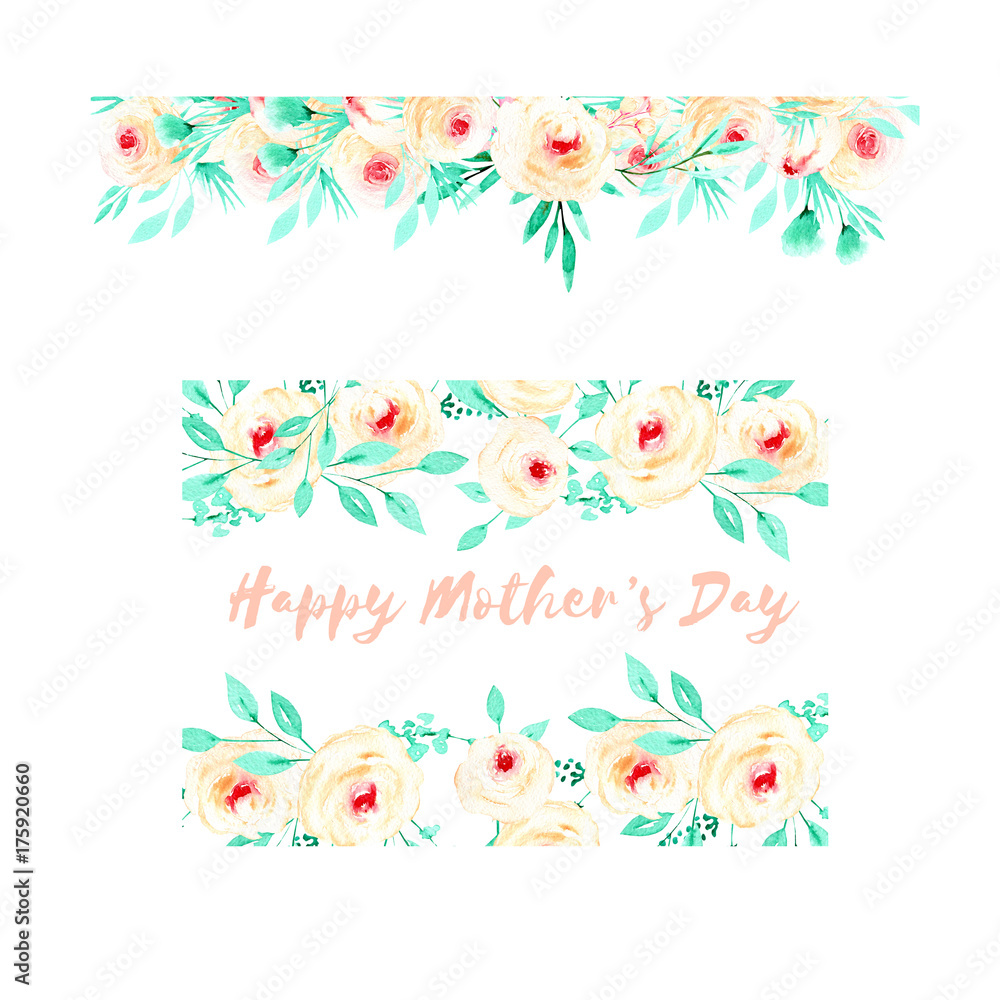 Frame border and floral garland with watercolor pink roses and mint fresh leaves, hand painted on a white background, template floral design for wedding cards