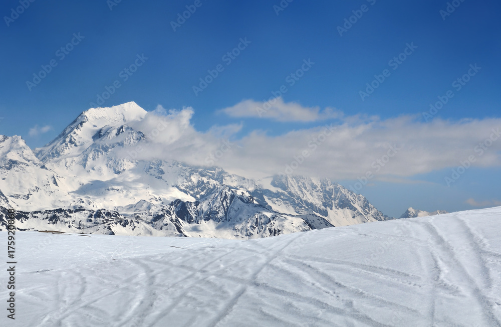 Snow in mountain under blue sky