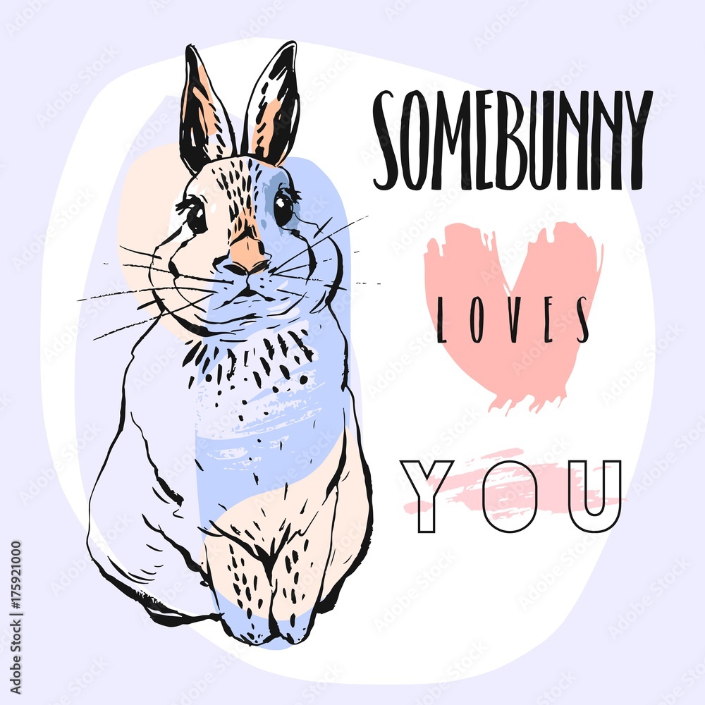 Hand drawn vector abstract collage funny poster with rabbit and calligraphy  quote Somebunny loves you in pastel colors isolated on white   bunny  rabbit illustration. Stock Vector |  Adobe Stock