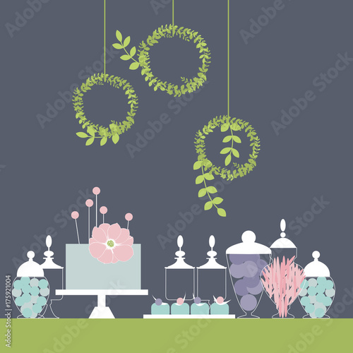 Wedding dessert bar with cake. Sweet table. Candy Buffet.  Vector illustration.