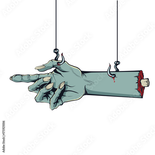style of a comic Zombie hand hanging on hooks