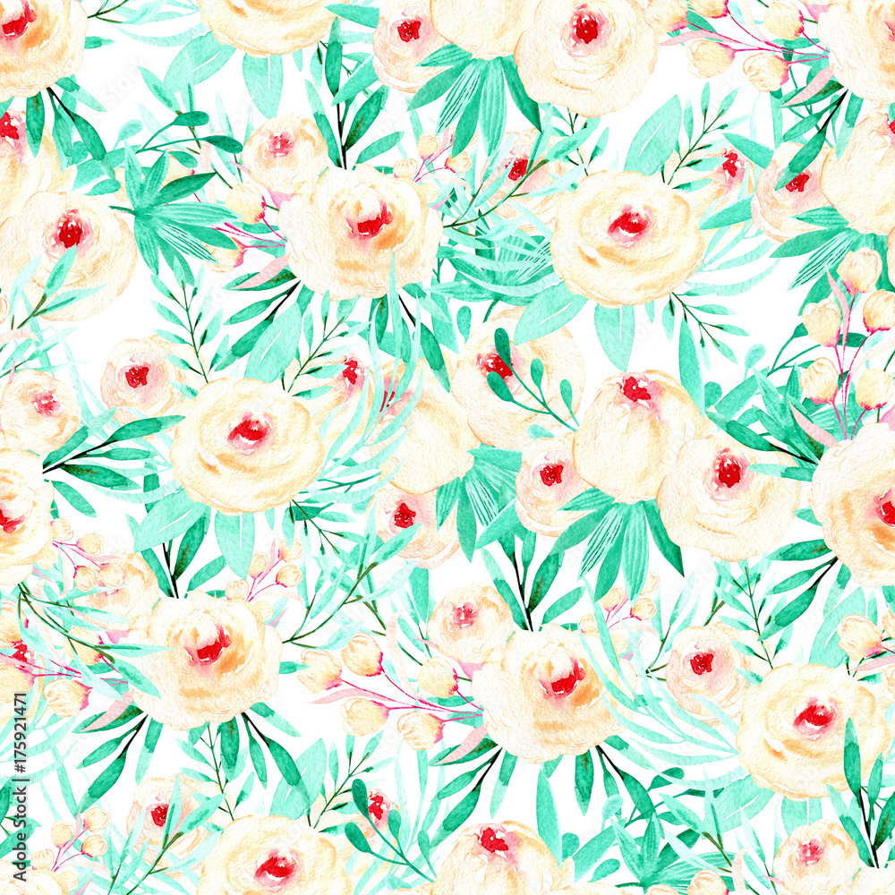 Seamless floral pattern with watercolor pink roses and mint herbs, hand painted on a white background