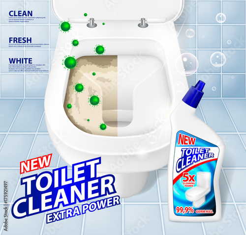 Toilet banner ads, effect of cleaner before and after. Green virus escaping from shining toilet bowl. Detergent cleaner gel in bottle mockup. 3d Vector illustration