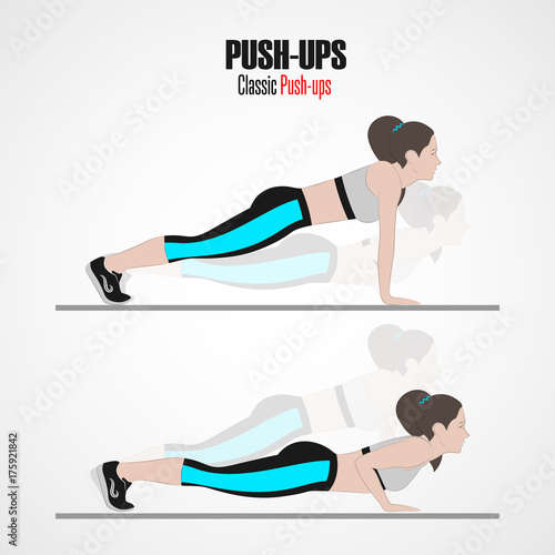 Sport exercises. Exercises with free weight. Pushups. Illustration of an active lifestyle.