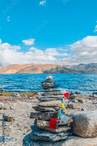 Prayer flags and stone stupa, Pangong Lake, Leh Ladakh, India