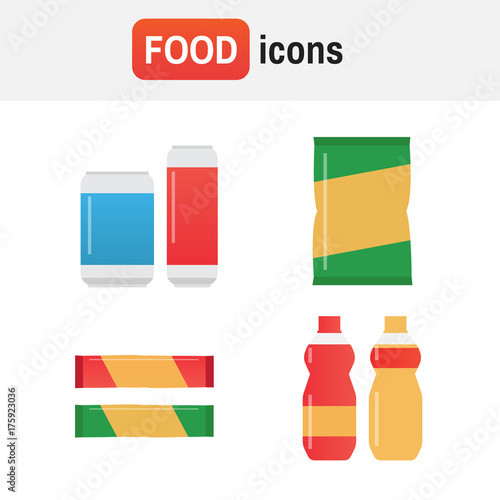 Snack chips bag vector. Fast food snacks and drinks flat vector icons. Fastfood icons