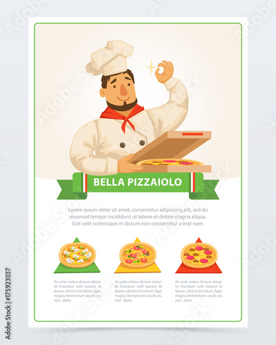 Cartoon character of italian pizzaiolo holding pizza in box