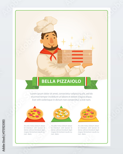 Cartoon character of italian pizzaiolo holding pizza boxes