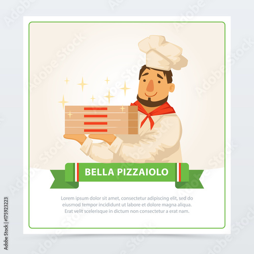 Cartoon character of italian pizzaiolo holding pizza boxes