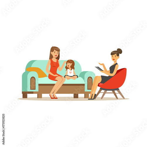 Family psychologist counseling woman and crying girl, psychologist having session with patients vector Illustration