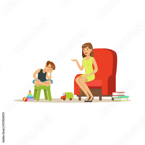 Boy talking to child psychologist about problems, psychotherapy counseling, psychologist having session with patient vector Illustration