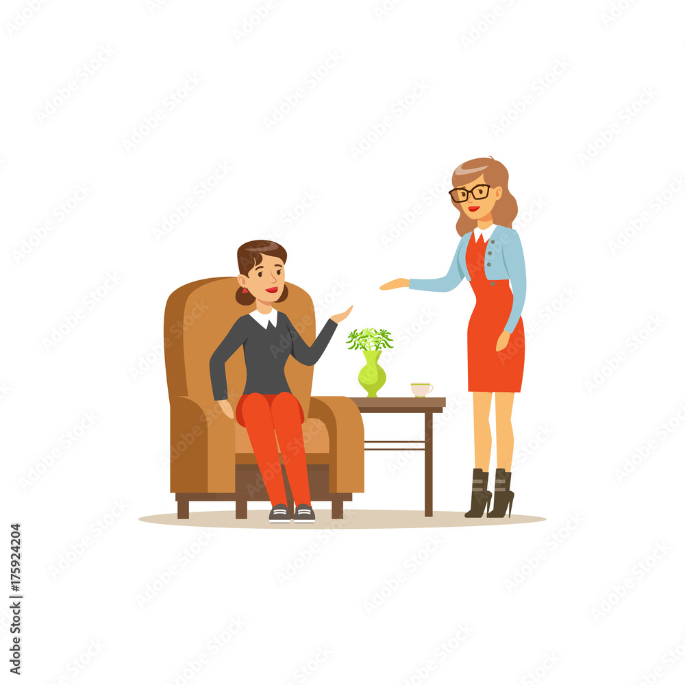Obraz premium Female patient character talking to psychologist about problems, psychotherapy counseling, psychologist having session with patient vector Illustration