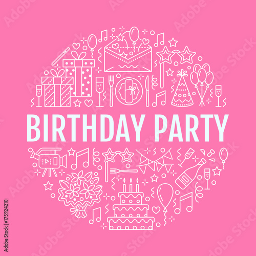 Event agency, birthday party banner with vector line icon of catering, birthday cake, balloon decoration, flower delivery, invitation card, entertainment. Thin linear sign party organization service.
