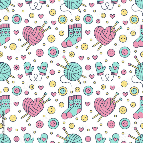 Knitting, sewing seamless pattern. Cute vector flat line illustration of hand made equipment knitting needle, bottons, wool, cotton skeins. Colored background for yarn tailor store. Knitted with love.