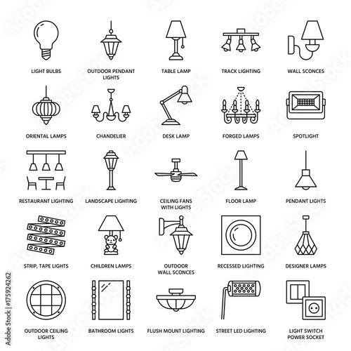 Light fixture, lamps flat line icons. Home and outdoor lighting equipment - chandelier, wall sconce, desk lamp, light bulb, power socket. Vector illustration, signs for electric, interior store. photo