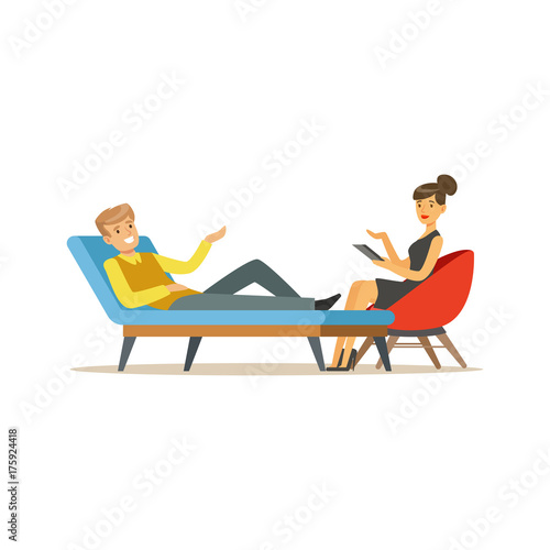 Smiling male patient character talking to female psychologist about problems, psychotherapy counseling, psychologist having session with patient vector Illustration