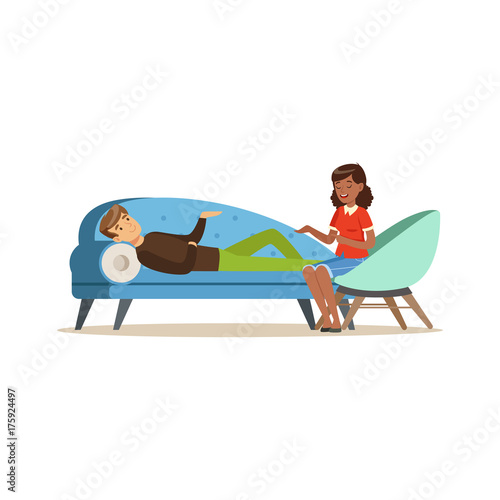 Young male patient character talking to female psychologist about problems, psychotherapy counseling, psychologist having session with patient vector Illustration