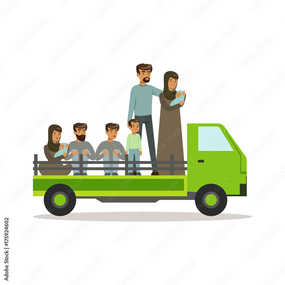 Stateless refugees on a truck trying to cross country border, illegal migration, war victims concept vector Illustration Stateless refugees on a truck trying to cross country border, illegal migration, war victims concept vector Illustration