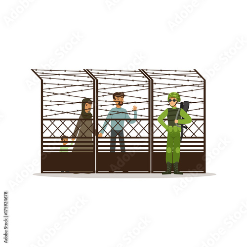 Stateless refugee family facing the barbed wire fence, refugee camp, war victims concept vector Illustration