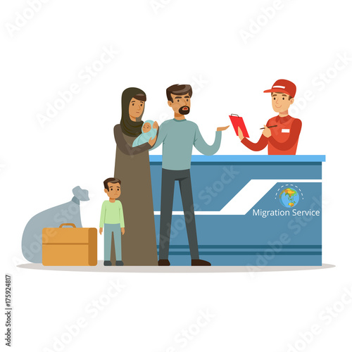 Stateless refugee family in the migration service, social assistance for refugees vector Illustration