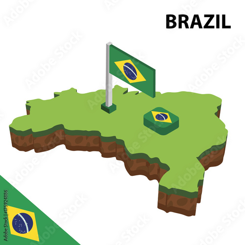 Isometric map and flag of brazil. 3D isometric Vector Illustration