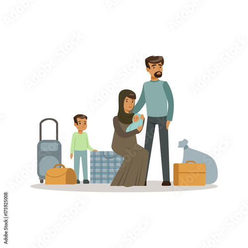 Stateless refugee family with suitcases, war victims concept vector Illustration