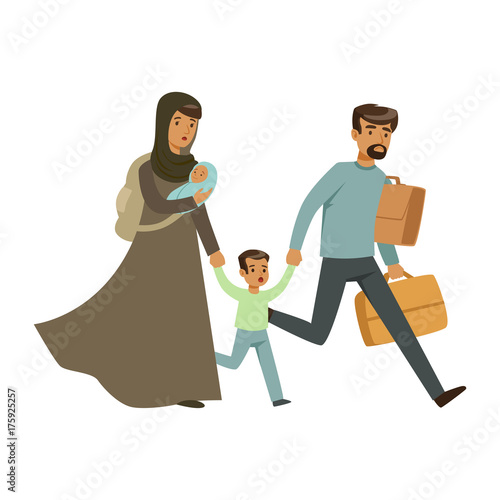 Stateless refugee family escaping from war with their little kids, war victims concept vector Illustration