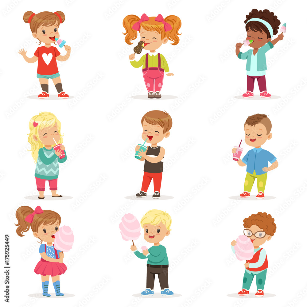 Set of little boys and girls drinking cocktails and eating sweets Set of little boys and girls drinking cocktails and eating sweets
