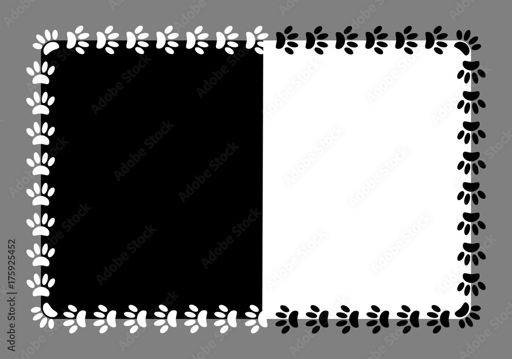 frame paw prints on black and white background with copy space for text.