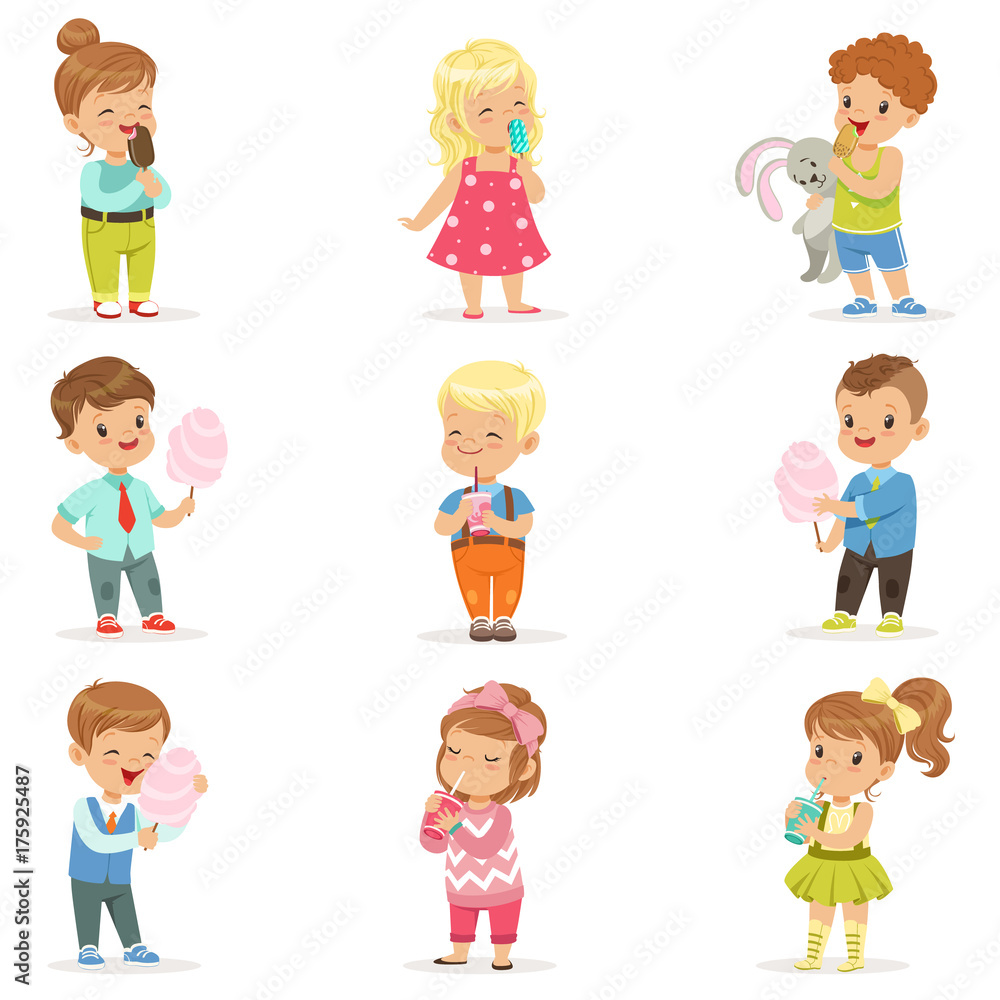 Set of little boys and girls drinking cocktails and eating sweets Set of little boys and girls drinking cocktails and eating sweets