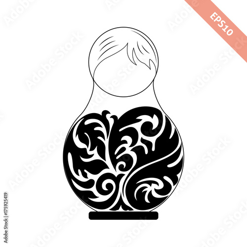 Black line nesting doll with floral ornament isolated on white background. Decorative element.