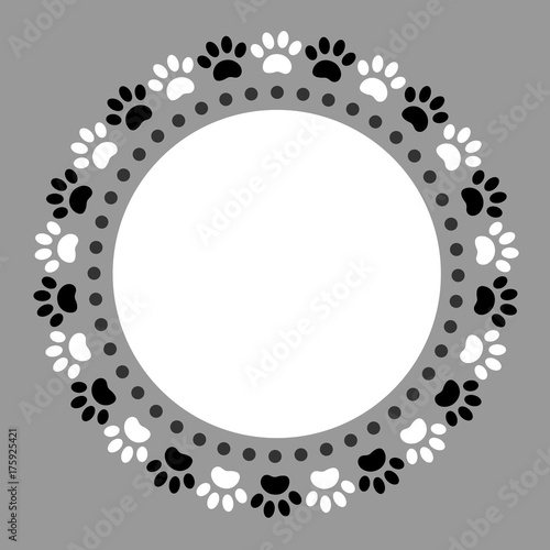 Black white paw prints pets animal round frame border with blank space for your text.