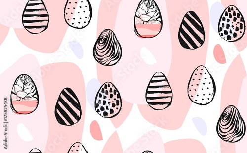 Hand drawn vector abstract creative universal Happy Easter seamless pattern design element with Easter eggs in pastel colors isolated on white background.Spring unusual graphic decoration.